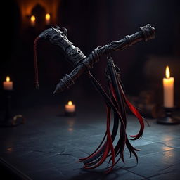 A striking and creative design of a demon-themed flogger, featuring a handle made of dark, twisted wood with intricate carvings of demonic faces and symbols