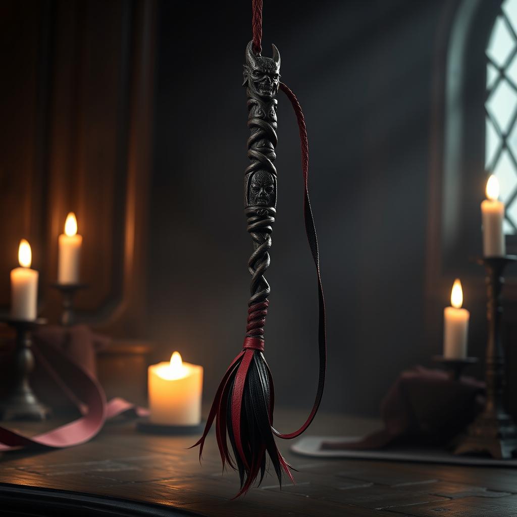 A striking and creative design of a demon-themed flogger, featuring a handle made of dark, twisted wood with intricate carvings of demonic faces and symbols