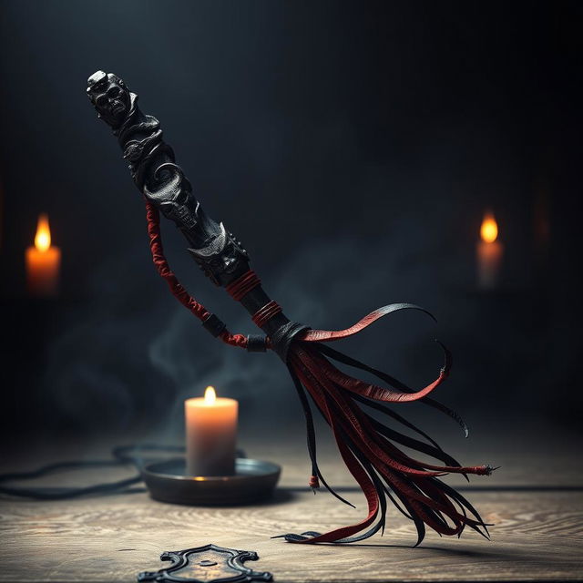 A striking and creative design of a demon-themed flogger, featuring a handle made of dark, twisted wood with intricate carvings of demonic faces and symbols