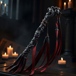 A striking and creative design of a demon-themed flogger, featuring a handle made of dark, twisted wood with intricate carvings of demonic faces and symbols
