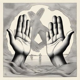 A meaningful surreal drawing in which hands play a central role, woven into the narrative to provoke deep contemplation.