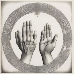 A meaningful surreal drawing in which hands play a central role, woven into the narrative to provoke deep contemplation.