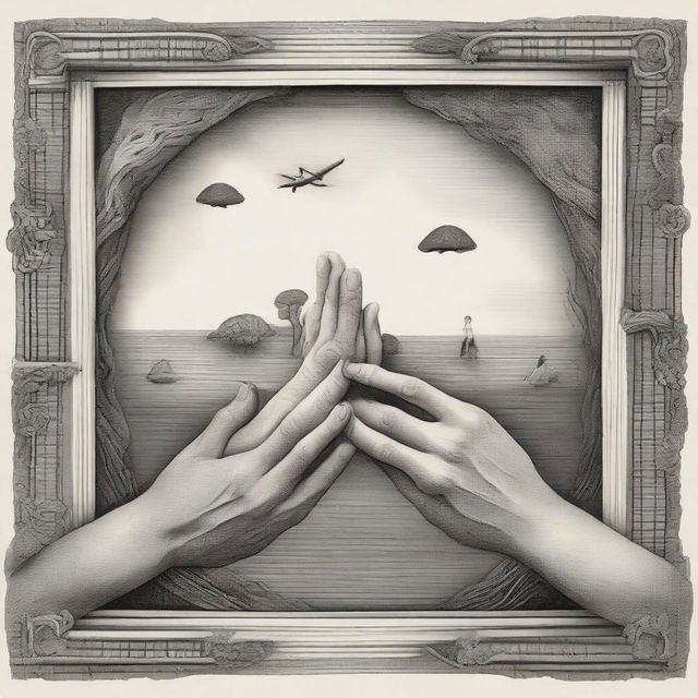 A meaningful surreal drawing in which hands play a central role, woven into the narrative to provoke deep contemplation.