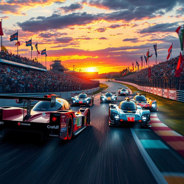 A dynamic and thrilling scene showcasing the World Endurance Championship (WEC) racing event, featuring sleek and powerful sports cars zooming around a challenging racetrack