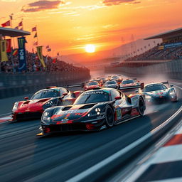 A dynamic and thrilling scene showcasing the World Endurance Championship (WEC) racing event, featuring sleek and powerful sports cars zooming around a challenging racetrack