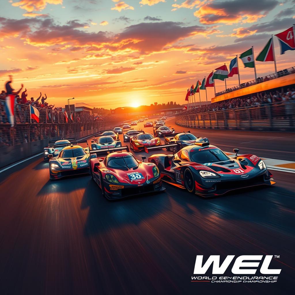 A dynamic and thrilling scene showcasing the World Endurance Championship (WEC) racing event, featuring sleek and powerful sports cars zooming around a challenging racetrack