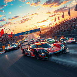 A dynamic and thrilling scene showcasing the World Endurance Championship (WEC) racing event, featuring sleek and powerful sports cars zooming around a challenging racetrack
