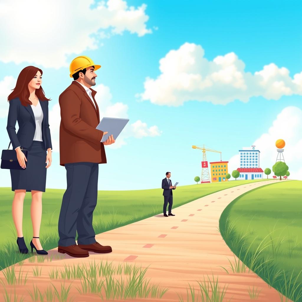 A serene and inspiring landscape illustrating the concept of career guidance, featuring a diverse group of adult professionals (a woman in business attire, a male engineer with a hard hat, and a woman holding a laptop) standing on a path that splits in multiple directions, each path leading to different symbols of various careers; such as a hospital for healthcare, a tech hub for technology, and an art gallery for creative fields