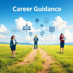 A serene and inspiring landscape illustrating the concept of career guidance, featuring a diverse group of adult professionals (a woman in business attire, a male engineer with a hard hat, and a woman holding a laptop) standing on a path that splits in multiple directions, each path leading to different symbols of various careers; such as a hospital for healthcare, a tech hub for technology, and an art gallery for creative fields
