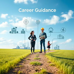A serene and inspiring landscape illustrating the concept of career guidance, featuring a diverse group of adult professionals (a woman in business attire, a male engineer with a hard hat, and a woman holding a laptop) standing on a path that splits in multiple directions, each path leading to different symbols of various careers; such as a hospital for healthcare, a tech hub for technology, and an art gallery for creative fields