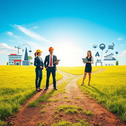 A serene and inspiring landscape illustrating the concept of career guidance, featuring a diverse group of adult professionals (a woman in business attire, a male engineer with a hard hat, and a woman holding a laptop) standing on a path that splits in multiple directions, each path leading to different symbols of various careers; such as a hospital for healthcare, a tech hub for technology, and an art gallery for creative fields