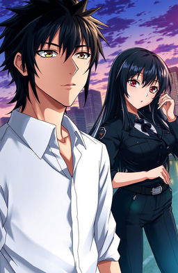 A captivating anime scene titled 'Competing For Freedom' featuring a handsome male character with striking features and black hair