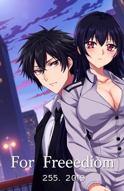 A captivating anime scene titled 'Competing For Freedom' featuring a handsome male character with striking features and black hair