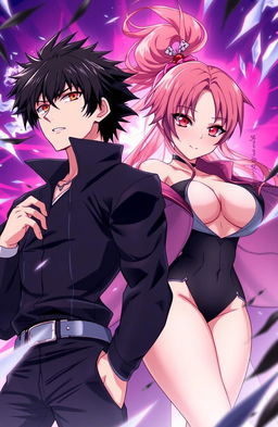 An intense anime scene titled 'Competing For Freedom' featuring a handsome main character (mc) with striking black hair