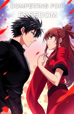 A dramatic anime scene titled "Competing For Freedom", featuring a handsome male character with striking black hair