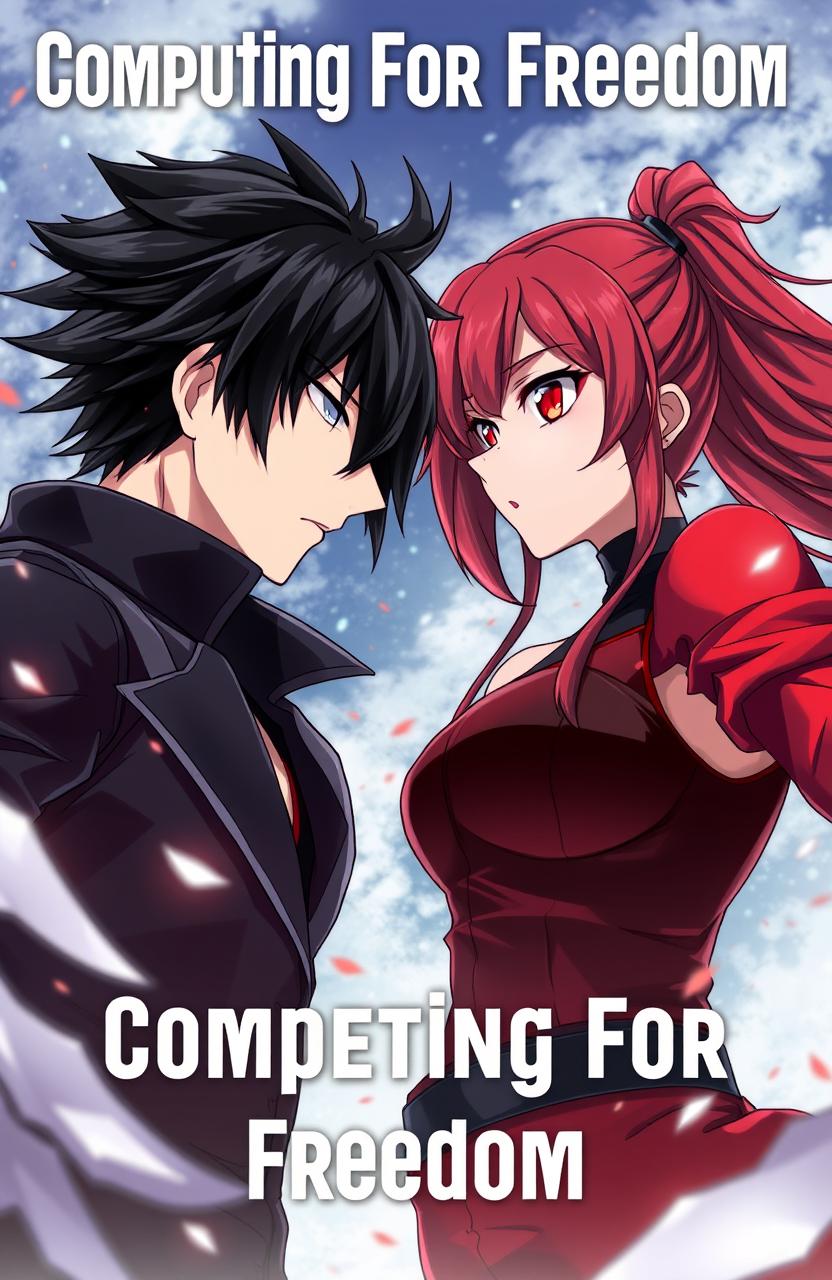 A dramatic anime scene titled "Competing For Freedom", featuring a handsome male character with striking black hair