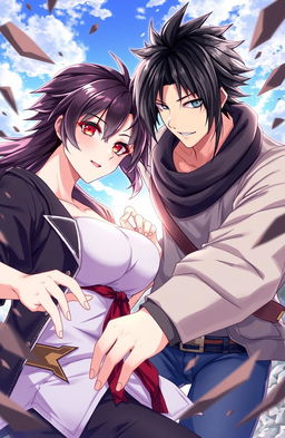 A visually captivating anime-style illustration titled 'Competing For Freedom', featuring a handsome male character with striking black hair, alongside a stunning mature female character (milf) with captivating crimson eyes and an alluring appearance