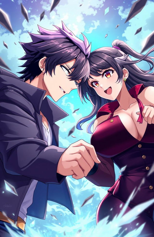 A visually captivating anime-style illustration titled 'Competing For Freedom', featuring a handsome male character with striking black hair, alongside a stunning mature female character (milf) with captivating crimson eyes and an alluring appearance