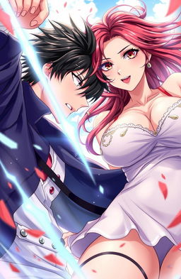 A visually captivating anime-style illustration titled 'Competing For Freedom', featuring a handsome male character with striking black hair, alongside a stunning mature female character (milf) with captivating crimson eyes and an alluring appearance