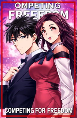 The cover for a story titled 'Competing For Freedom', featuring a handsome young male character (MC) with striking features and black hair, and a beautiful mature female character (FMC) with captivating crimson eyes