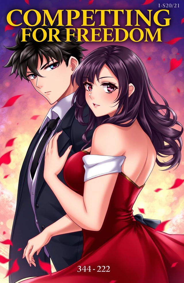 The cover for a story titled 'Competing For Freedom', featuring a handsome young male character (MC) with striking features and black hair, and a beautiful mature female character (FMC) with captivating crimson eyes