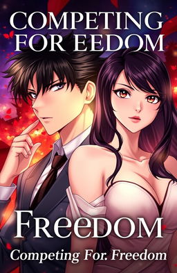 The cover for a story titled 'Competing For Freedom', featuring a handsome young male character (MC) with striking features and black hair, and a beautiful mature female character (FMC) with captivating crimson eyes