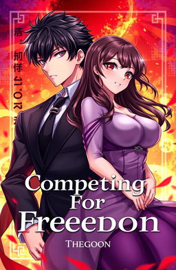 The cover for a story titled 'Competing For Freedom', featuring a handsome young male character (MC) with striking features and black hair, and a beautiful mature female character (FMC) with captivating crimson eyes