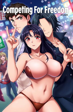 Cover art for the title 'Competing For Freedom', featuring a handsome male character with black hair and striking features, and a beautiful female character (34 years old) with big breasts, vivid crimson eyes, and a confident expression