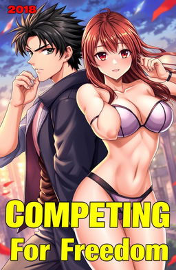 Cover art for the title 'Competing For Freedom', featuring a handsome male character with black hair and striking features, and a beautiful female character (34 years old) with big breasts, vivid crimson eyes, and a confident expression