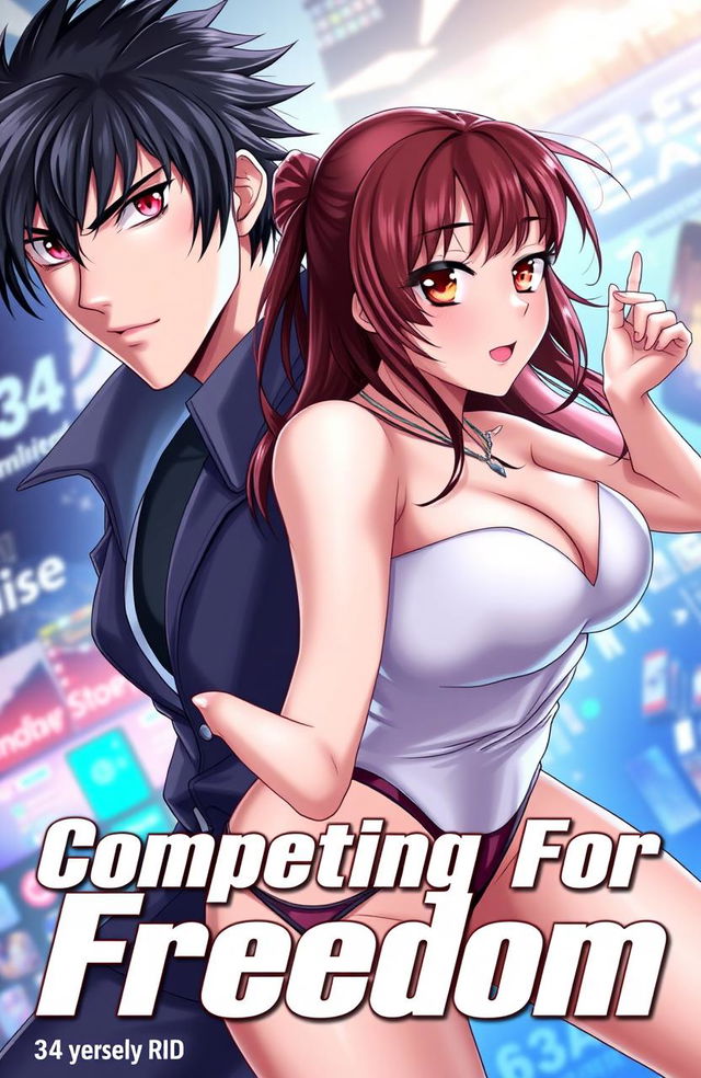 Cover art for the title 'Competing For Freedom', featuring a handsome male character with black hair and striking features, and a beautiful female character (34 years old) with big breasts, vivid crimson eyes, and a confident expression