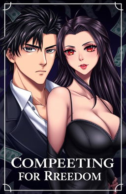 A book cover for 'Competing For Freedom', featuring a handsome male character with striking features and black hair, exuding confidence and charm
