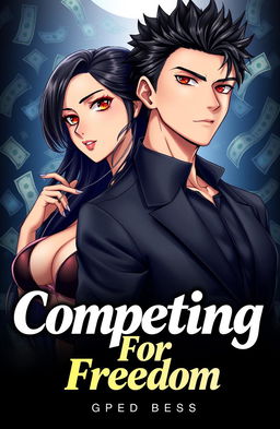 A book cover for 'Competing For Freedom', featuring a handsome male character with striking features and black hair, exuding confidence and charm