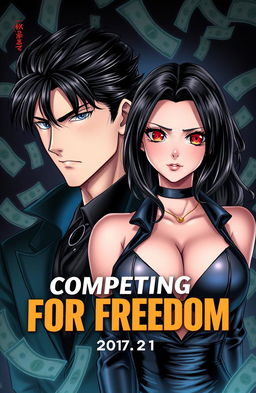A book cover for 'Competing For Freedom', featuring a handsome male character with striking features and black hair, exuding confidence and charm