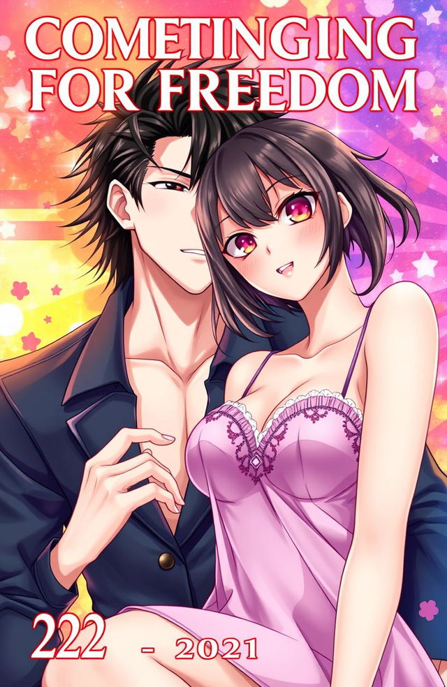 The cover illustration for a novel titled 'Competing For Freedom', featuring a handsome male character with black hair, and a captivating female character with crimson eyes