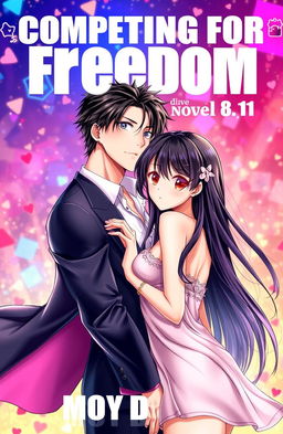 The cover illustration for a novel titled 'Competing For Freedom', featuring a handsome male character with black hair, and a captivating female character with crimson eyes