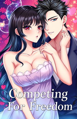 The cover illustration for a novel titled 'Competing For Freedom', featuring a handsome male character with black hair, and a captivating female character with crimson eyes
