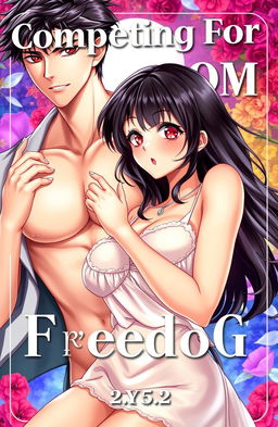 The cover illustration for a novel titled 'Competing For Freedom', featuring a handsome male character with black hair, and a captivating female character with crimson eyes