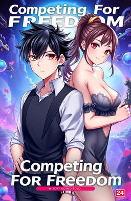 A visually striking cover for the title 'Competing For Freedom', featuring a handsome male character with stylish black hair and a boyish charm