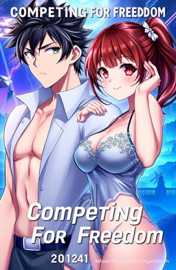 A visually striking cover for the title 'Competing For Freedom', featuring a handsome male character with stylish black hair and a boyish charm