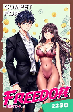 A cover for the title "Competing For Freedom" featuring a handsome male character with black hair, standing next to a striking female character (milf) with crimson eyes and big breasts