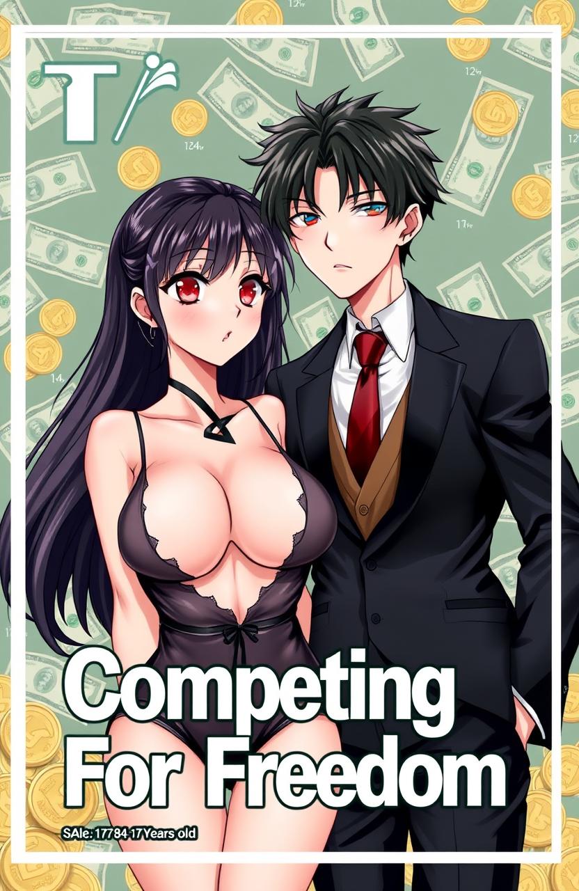 A cover for the title "Competing For Freedom" featuring a handsome male character with black hair, standing next to a striking female character (milf) with crimson eyes and big breasts