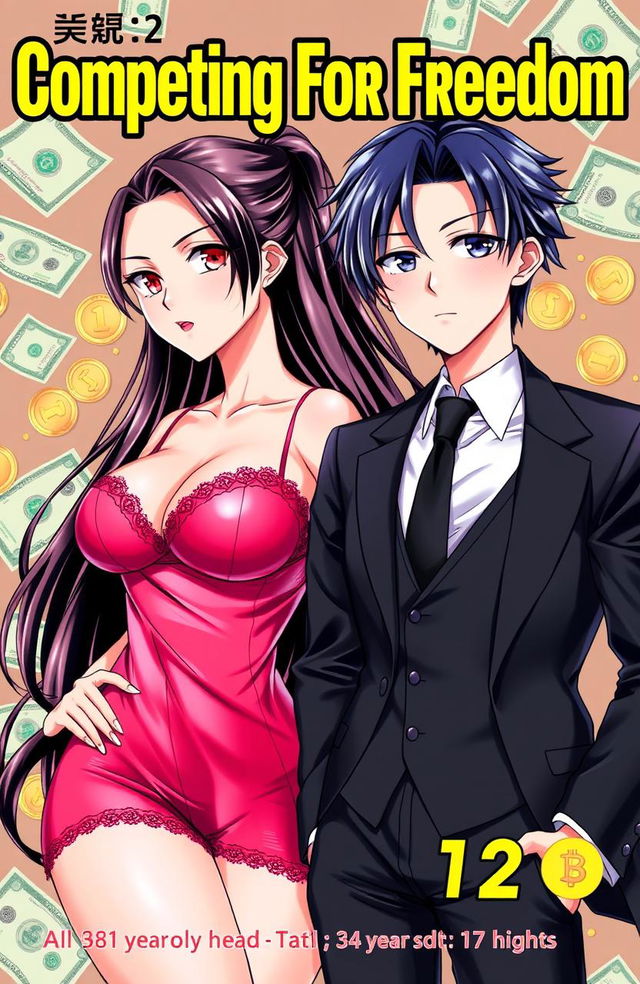 A cover for the title "Competing For Freedom" featuring a handsome male character with black hair, standing next to a striking female character (milf) with crimson eyes and big breasts