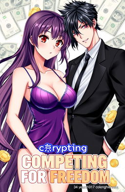 A cover for the title "Competing For Freedom" featuring a handsome male character with black hair, standing next to a striking female character (milf) with crimson eyes and big breasts