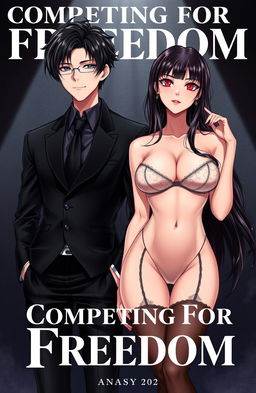 The cover titled 'Competing For Freedom' features a handsome male character with black hair, depicted as 17 years old and of shorter stature