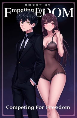 The cover titled 'Competing For Freedom' features a handsome male character with black hair, depicted as 17 years old and of shorter stature