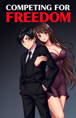 The book cover titled 'Competing For Freedom' features a handsome male character with sleek black hair, standing confidently despite his small height
