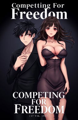 A striking cover for 'Competing For Freedom' featuring a handsome male character with short black hair, looking confident but youthful, standing beside a stunning female character