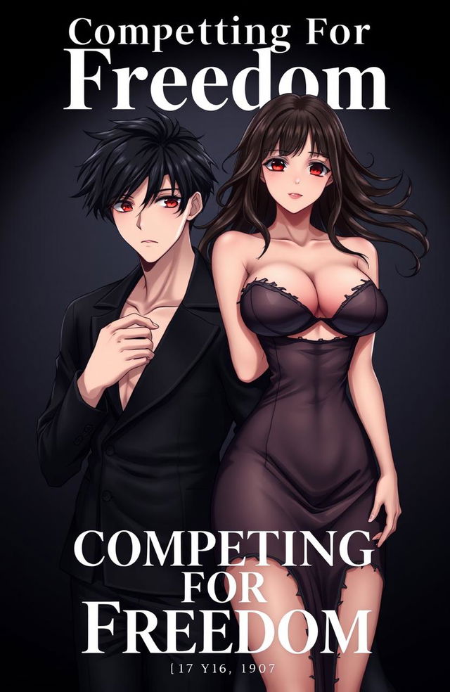 A striking cover for 'Competing For Freedom' featuring a handsome male character with short black hair, looking confident but youthful, standing beside a stunning female character