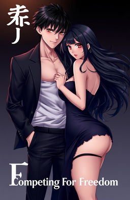 A striking cover for 'Competing For Freedom' featuring a handsome male character with short black hair, looking confident but youthful, standing beside a stunning female character