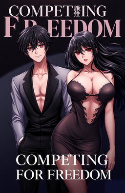 A striking cover for 'Competing For Freedom' featuring a handsome male character with short black hair, looking confident but youthful, standing beside a stunning female character